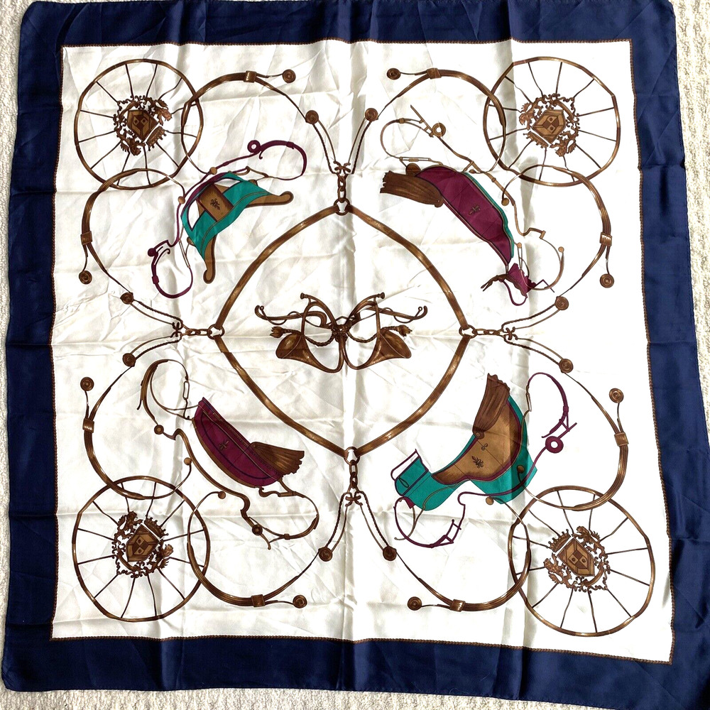 Silky 34" square scarf elegant carriage buggy hunting horn motif navy gold cream